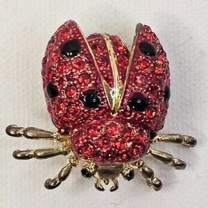Gold Tone Red Crystal Ladybug Brooch Green Rhinestone Eyes Unmarked Pin